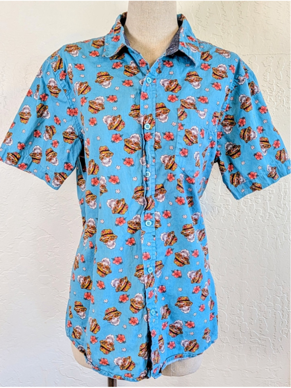Retrofit Skull Print Button Up Shirt Blue Tropical Hibiscus Unisex M/L Festival